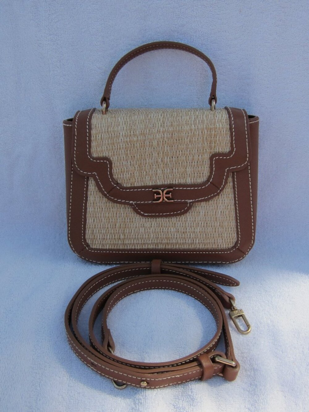 NWOT Sam Edelman Leather Trim Straw Top Handle Shoulder Crossbody Bag Cognac
